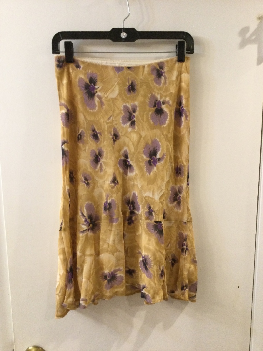 Tessuto Rayon Skirt With Elastic Waist Yellow Lavender Pansy Print Vintage S